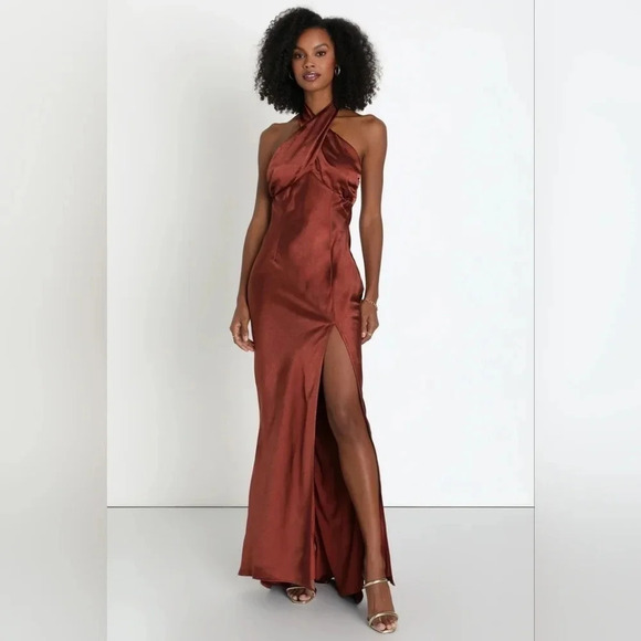 Lulu's Start of Forever Brown Satin Halter Mermaid Maxi Dress Wedding Party - Picture 2 of 12